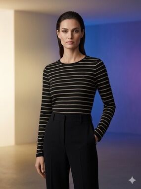 Ralph Lauren Black Long-Sleeve Stripe Crewneck with Gold Accent